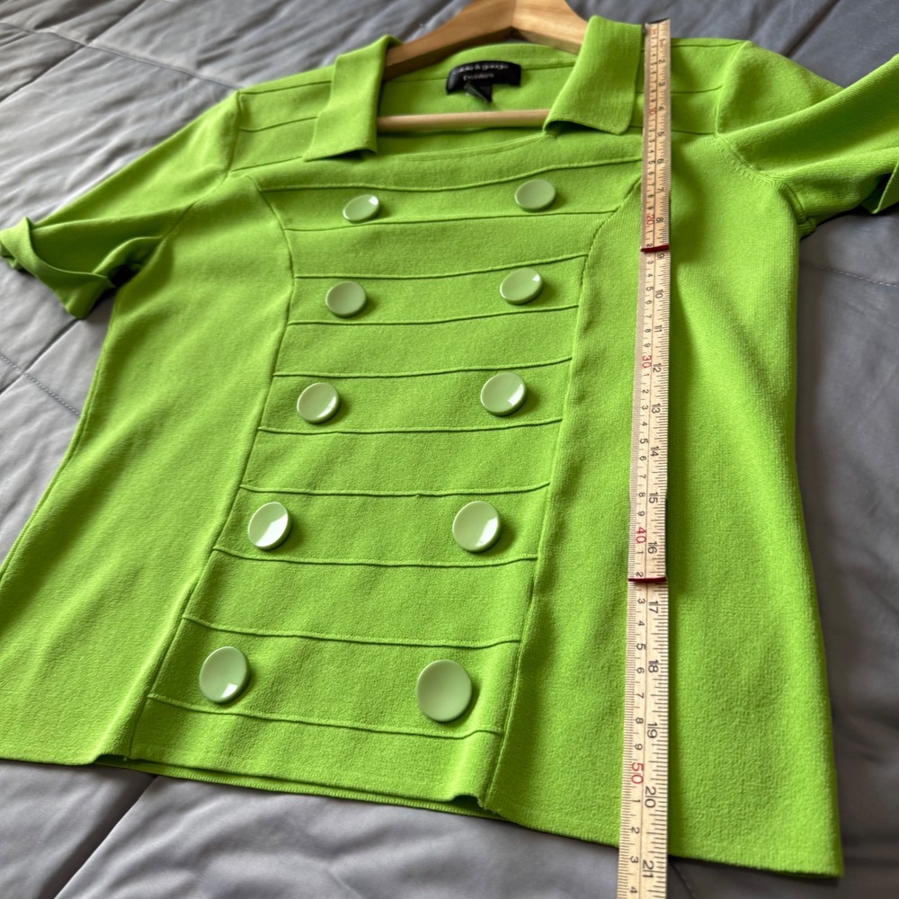 Cable & Gauge Knit Top Women PM Green Good Double Breasted Short Sleeve Square - Picture 7 of 7